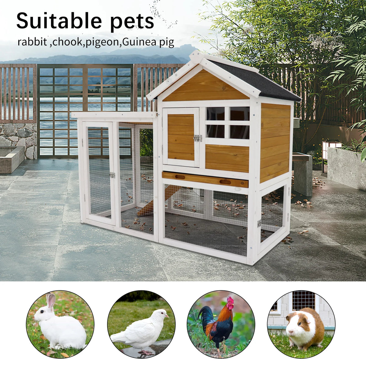 Deluxe Two Story Wooden Rabbit Hutch With Secure Locking Doors