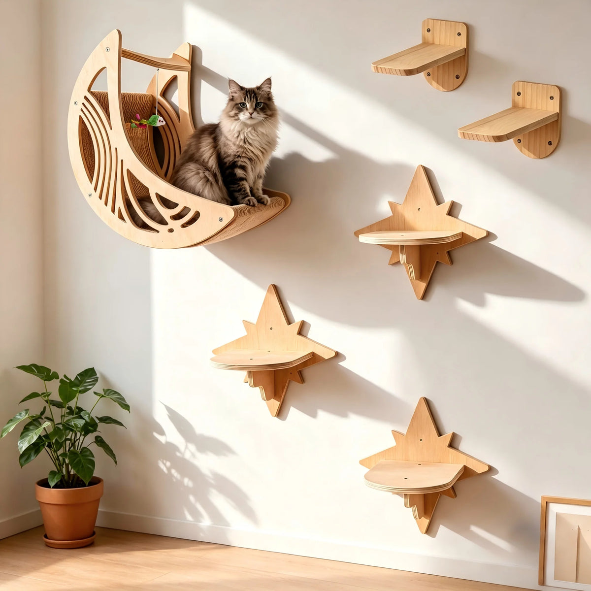 CWV Pine Wood Wall Mounted Cat Shelves With Moon Hammock