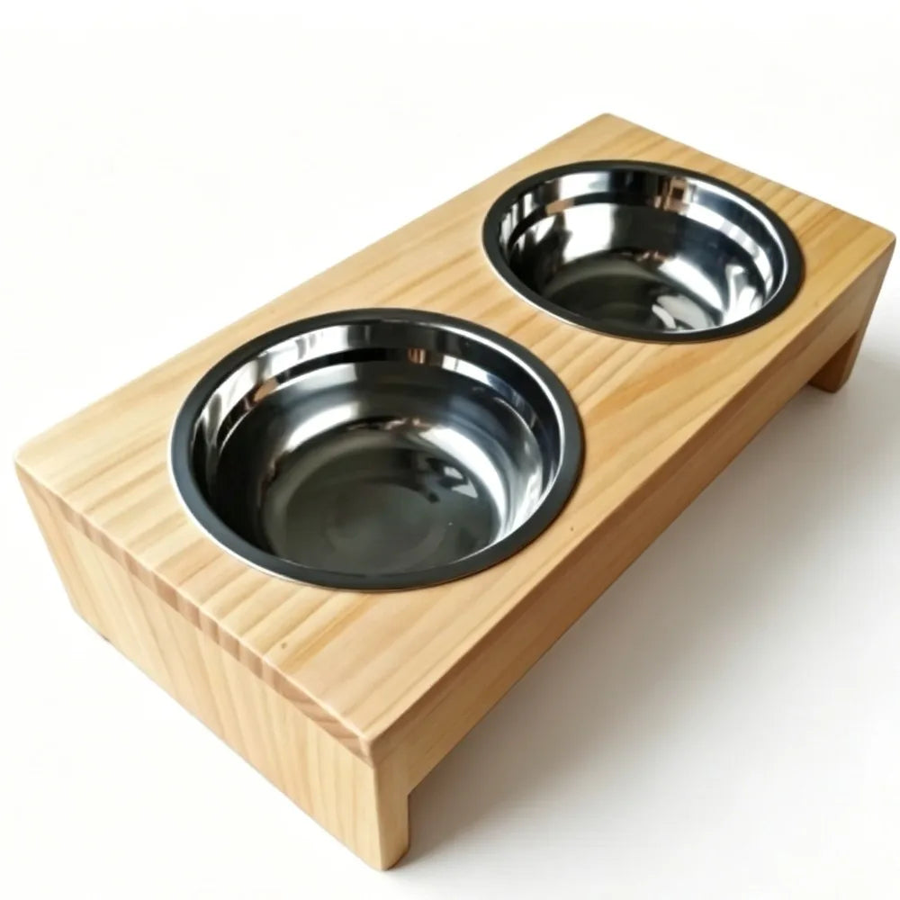 Wooden Raised Dog Bowls With Stainless Steel Double Pet Feeders
