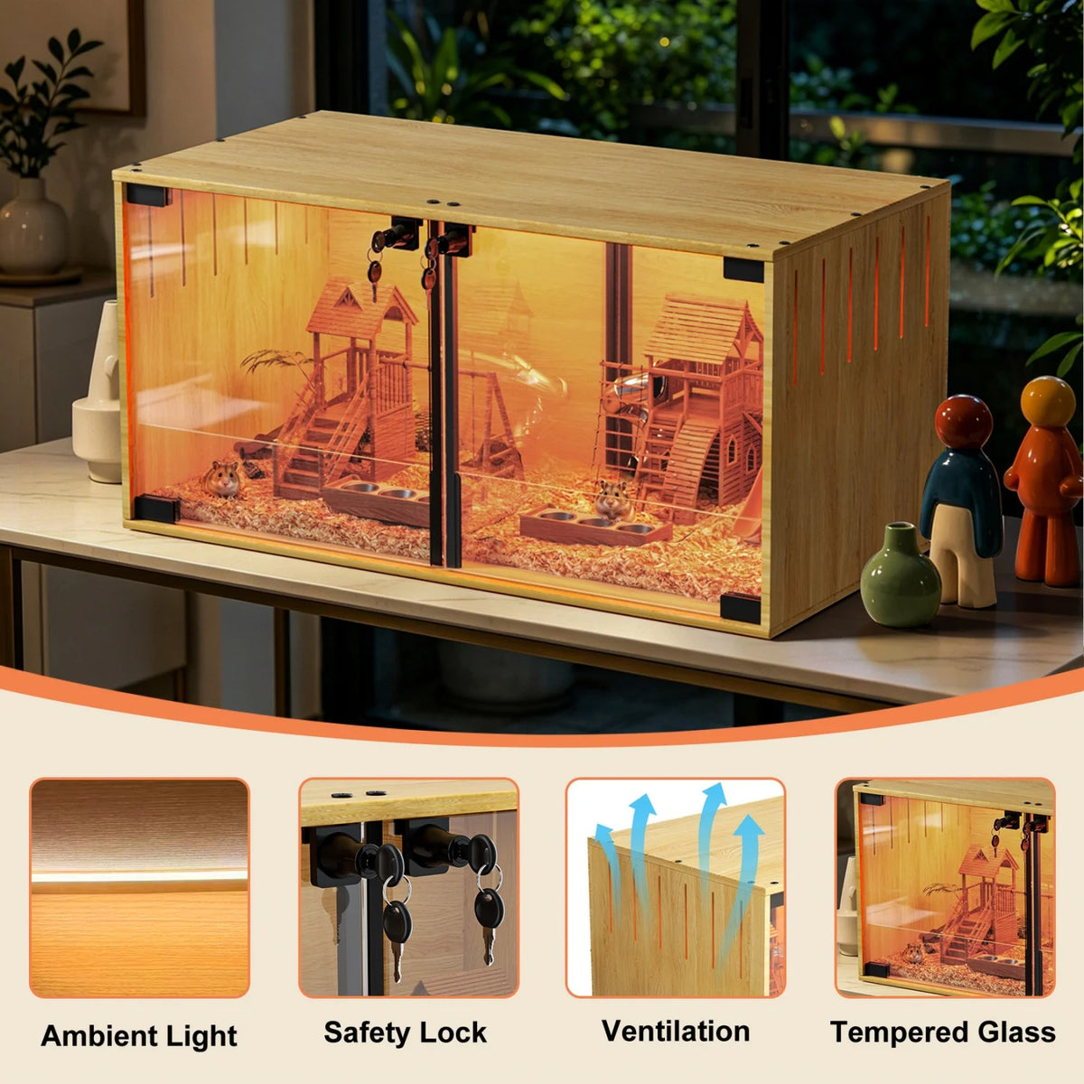 Wooden Pet Cage With Tempered Glass Panels And Divider