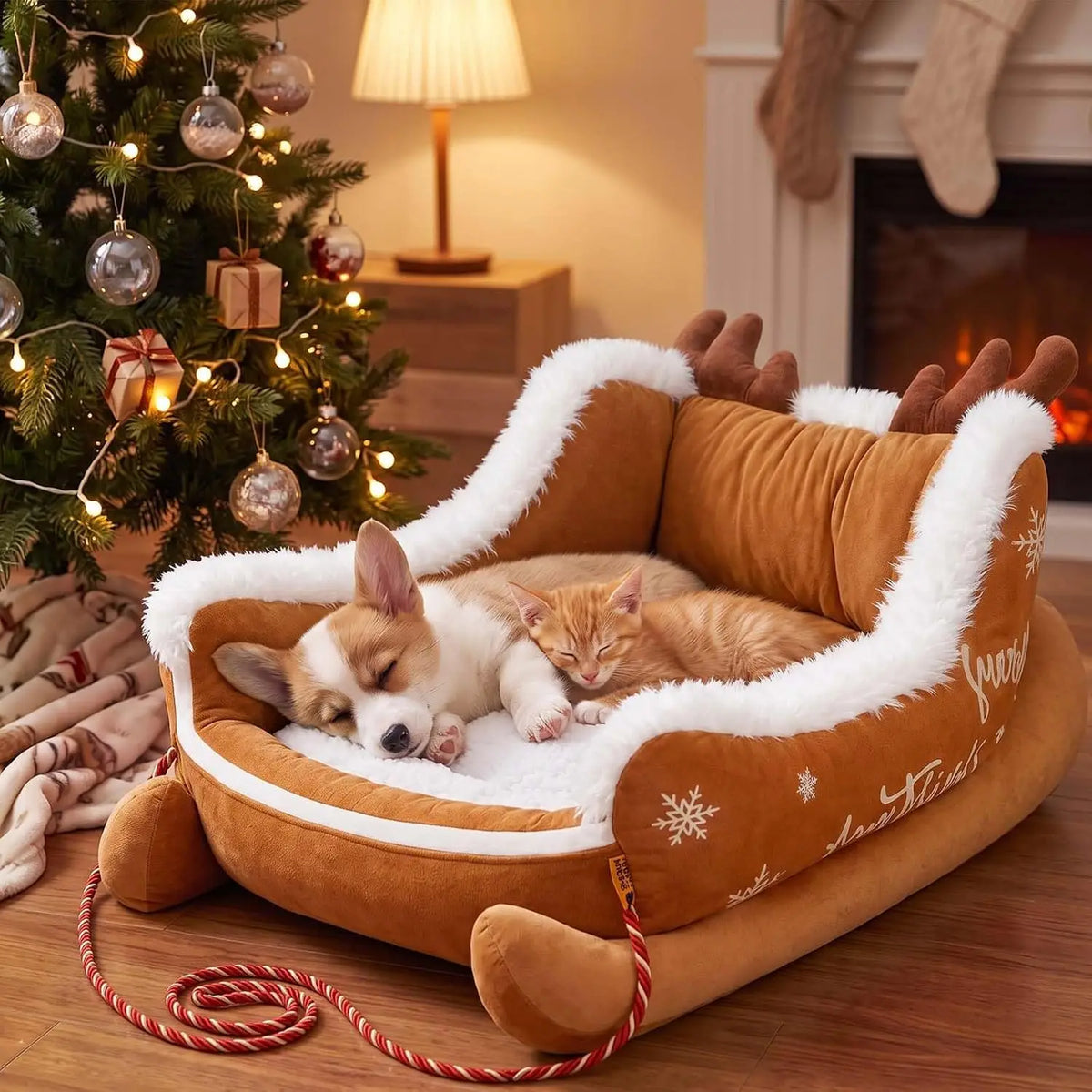 Festive Plush Christmas Dog Sleigh Bed With Raised Safety Sides