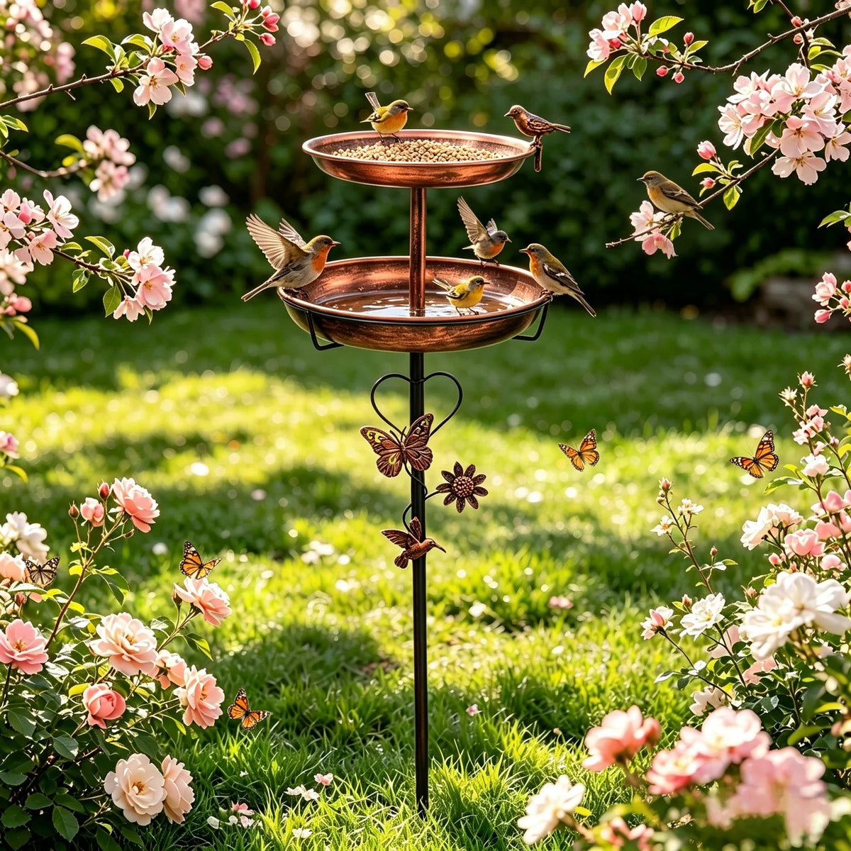 Two Tier Copper Metal Bird Bath For Garden Yard Decor