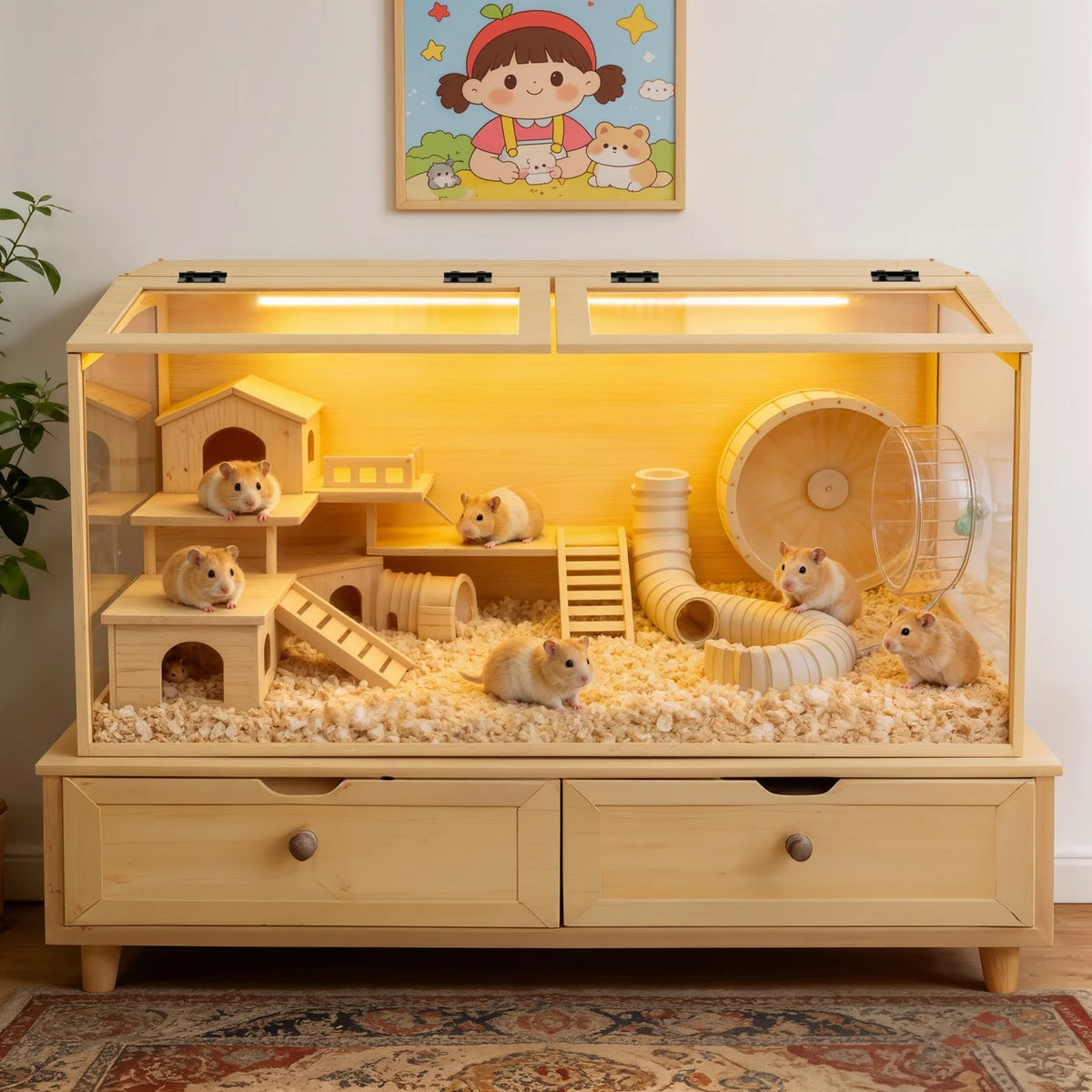 Natural Wooden Hamster Cage With Dual Door And LED Light