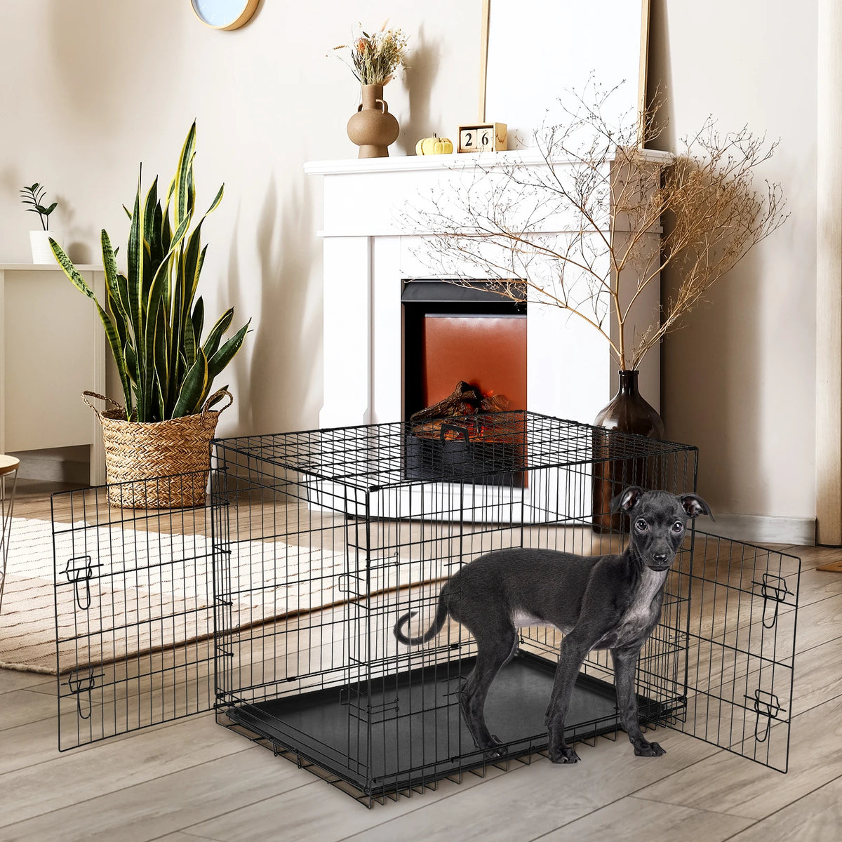 Jhk Foldable Metal Wire Dog Cage With Leakproof Pan Tray