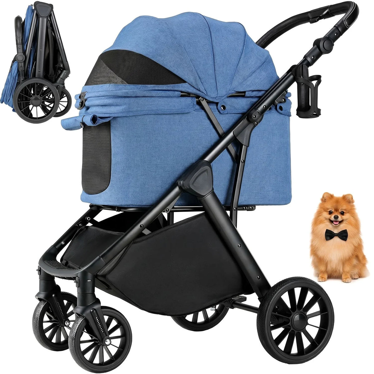 Foldable Pet Stroller With Adjustable Sun Shade And Shock Absorbers