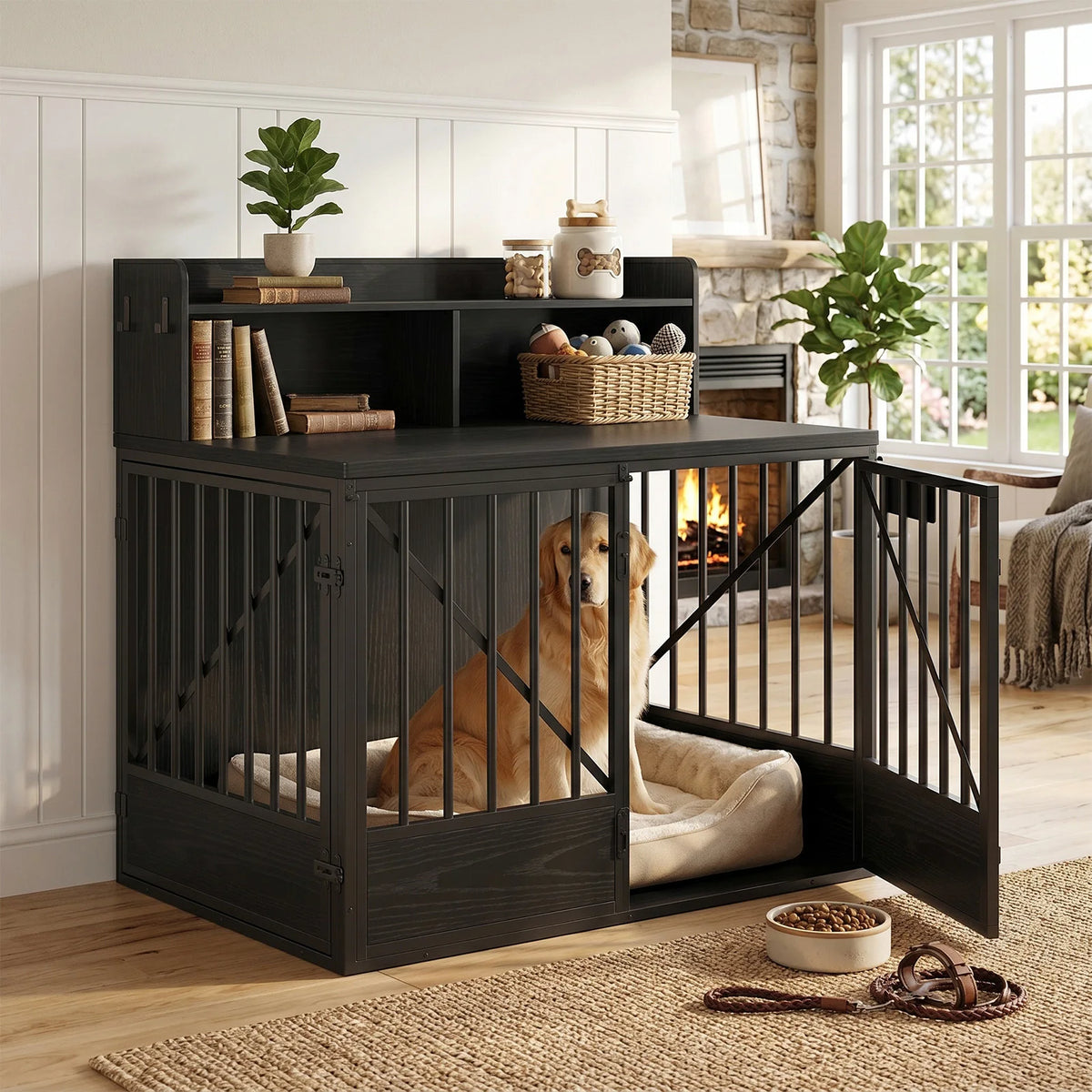 Multifunctional Wooden Pet Crate With Dual Storage Compartments