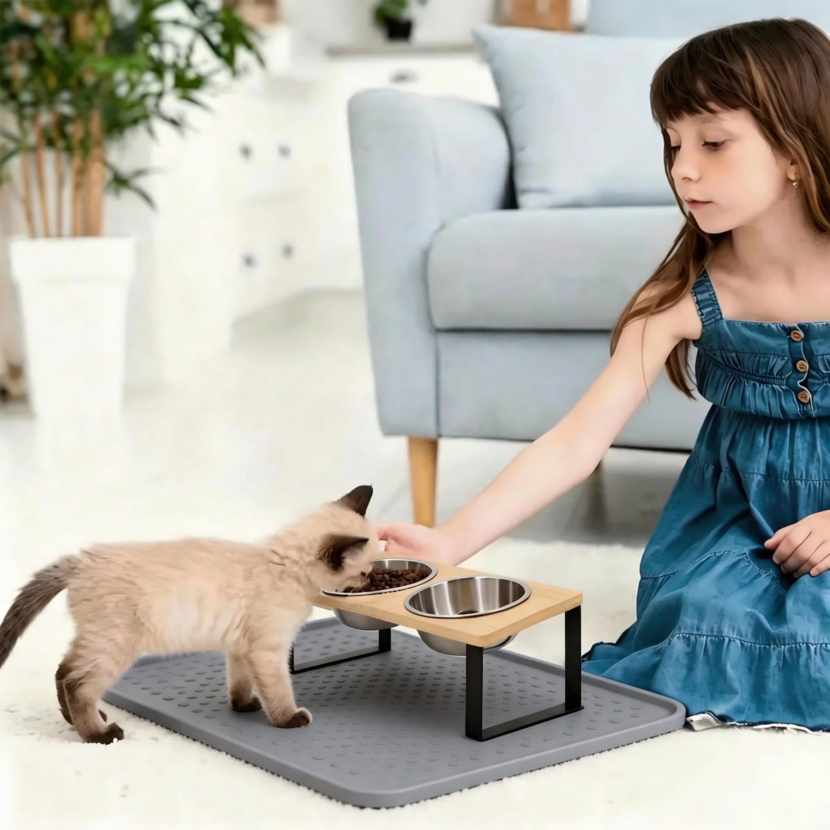 Elevated Cat Food Bowls With Wooden Stand And Steel Dishes