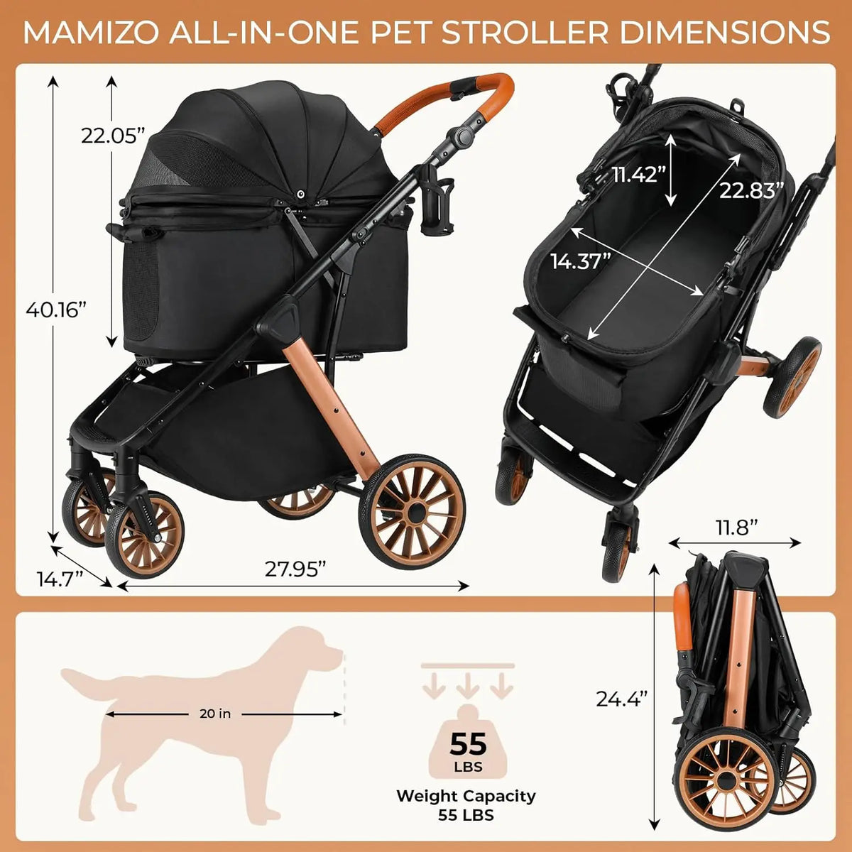 Foldable Pet Stroller With Adjustable Sun Shade And Shock Absorbers