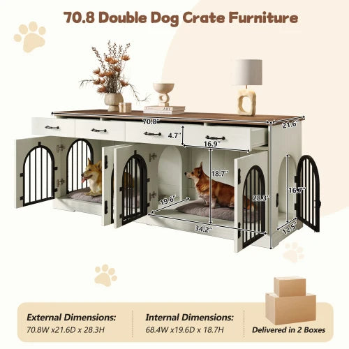 Indoor Dual Dog Crate Furniture With Drawers And End Table