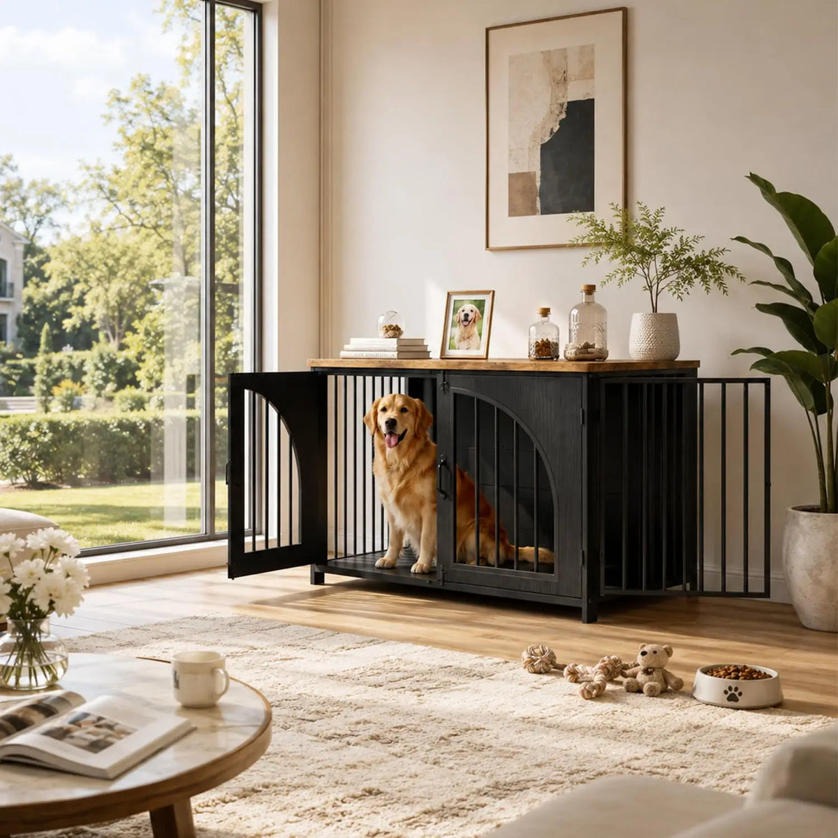 Secure Indoor Dog Crate Furniture With Lockable Arched Door