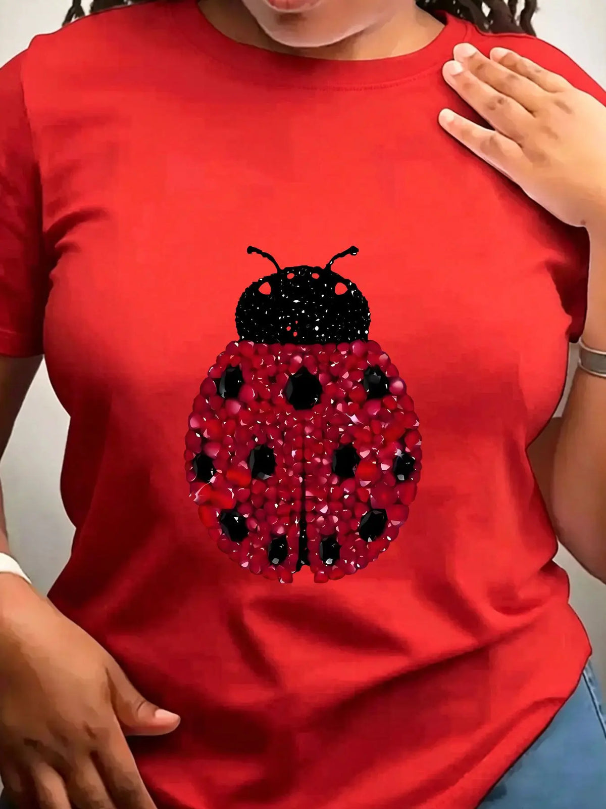 Women Cotton Crew Neck T Shirt Ladybug Rhinestone Print Top
