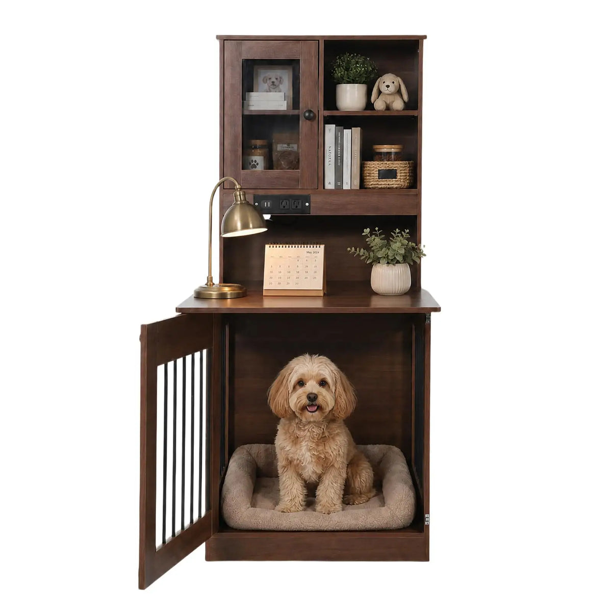 Compact Wooden Dog Crate Furniture With Side Table Design
