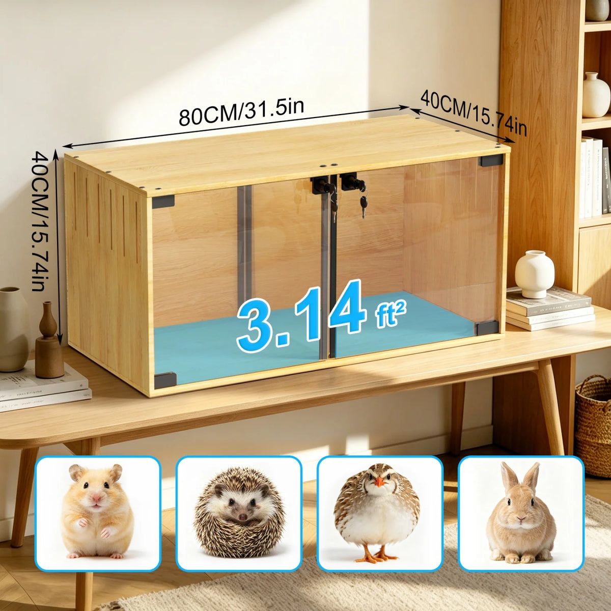 Wooden Pet Cage With Tempered Glass Panels And Divider