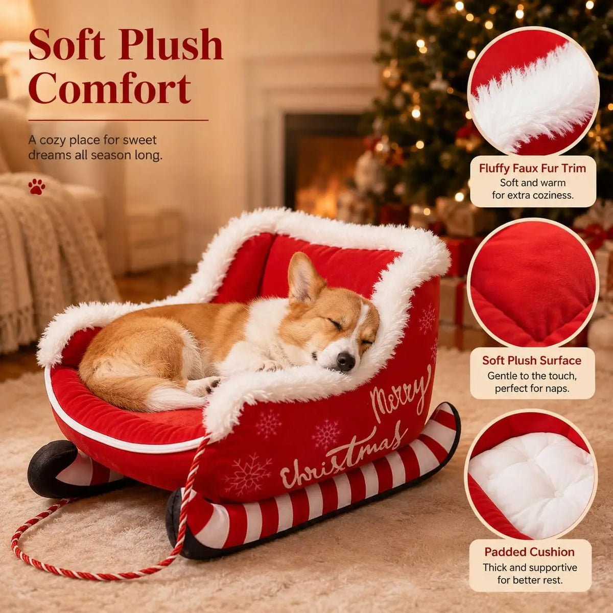 Festive Plush Christmas Dog Sleigh Bed With Raised Safety Sides