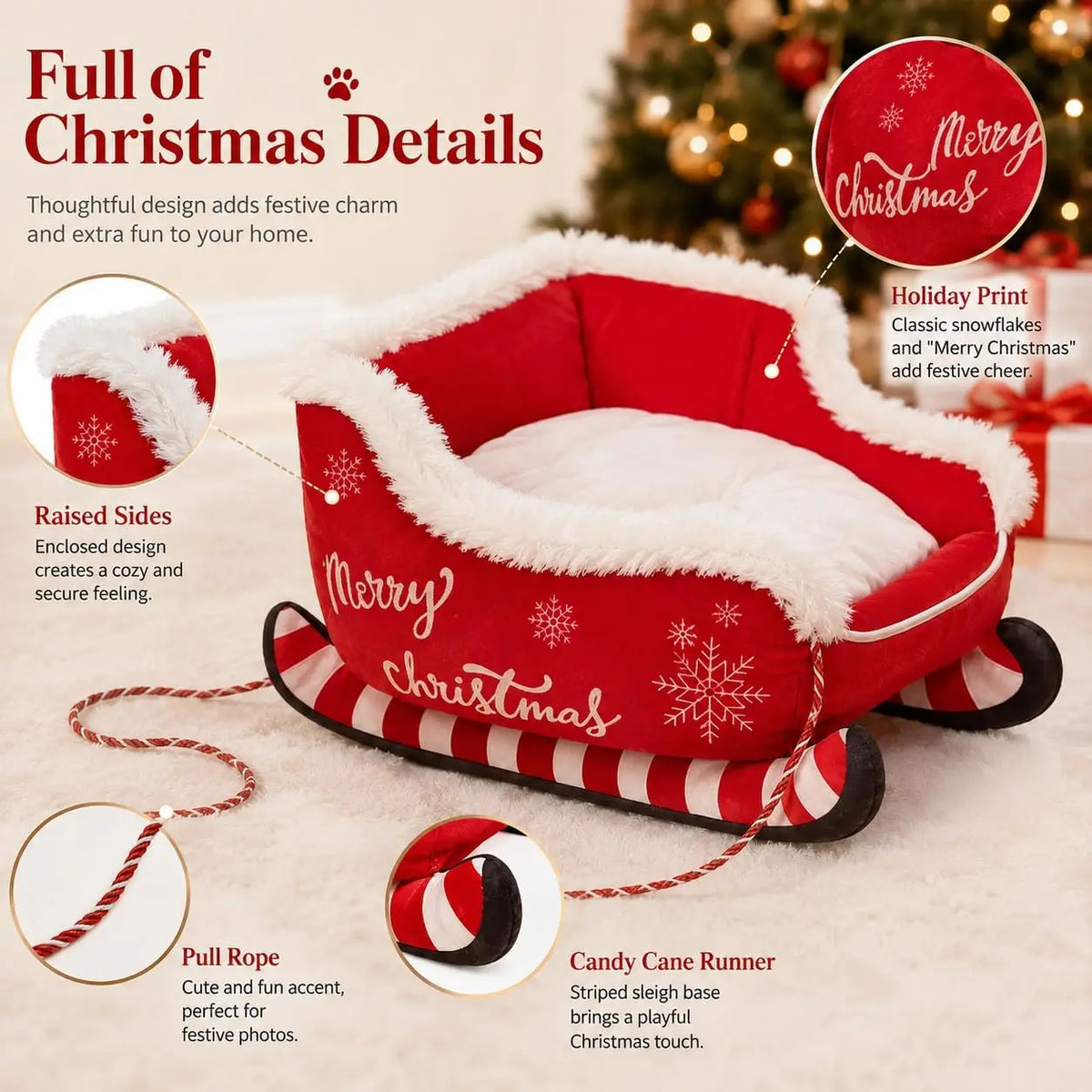 Festive Plush Christmas Dog Sleigh Bed With Raised Safety Sides