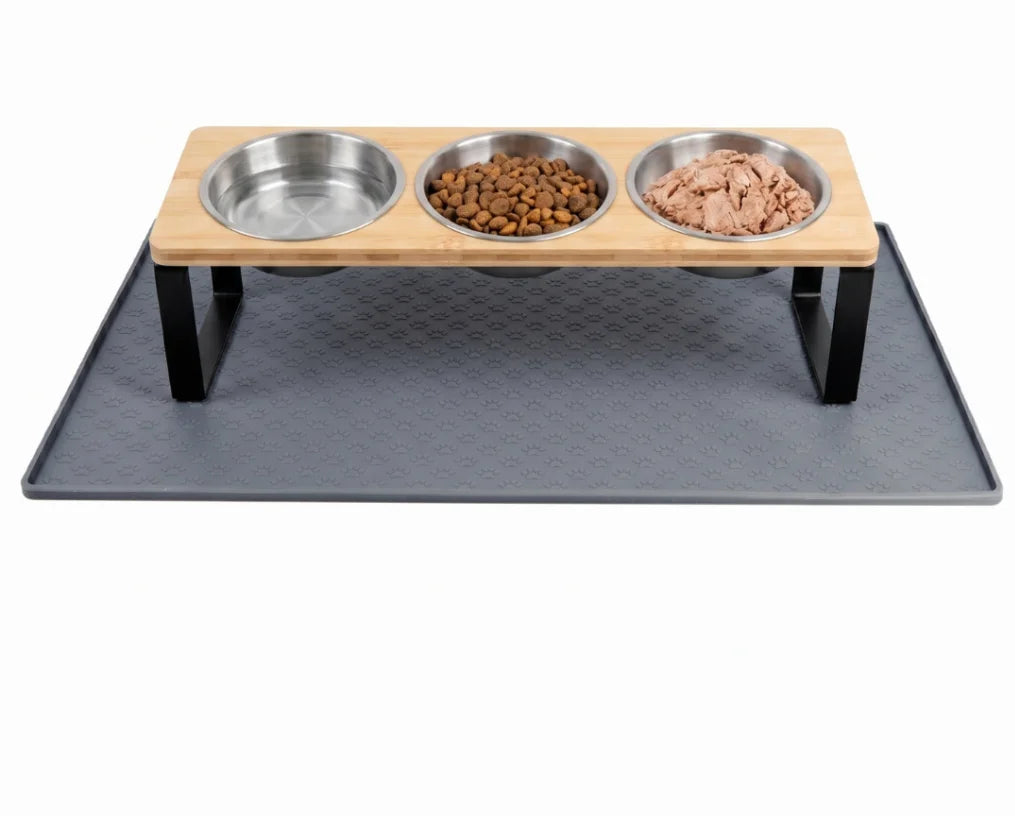 Elevated Cat Feeder With Stainless Steel Bowls And Bamboo Stand