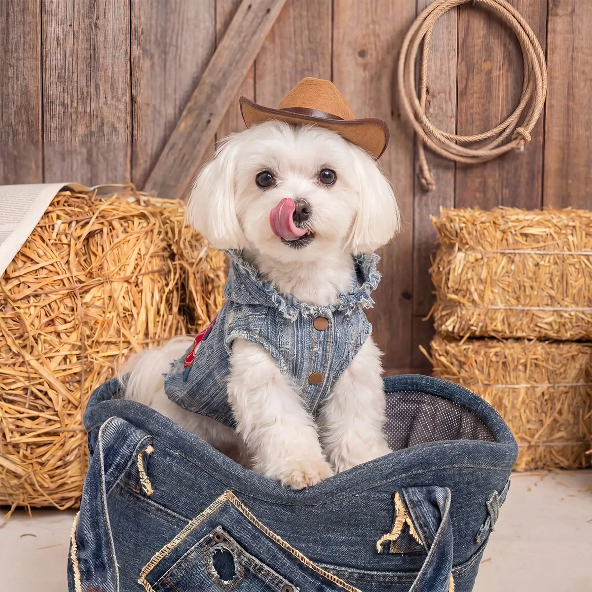 Polyester Denim Pet Outfit With Embroidered Pony Pattern