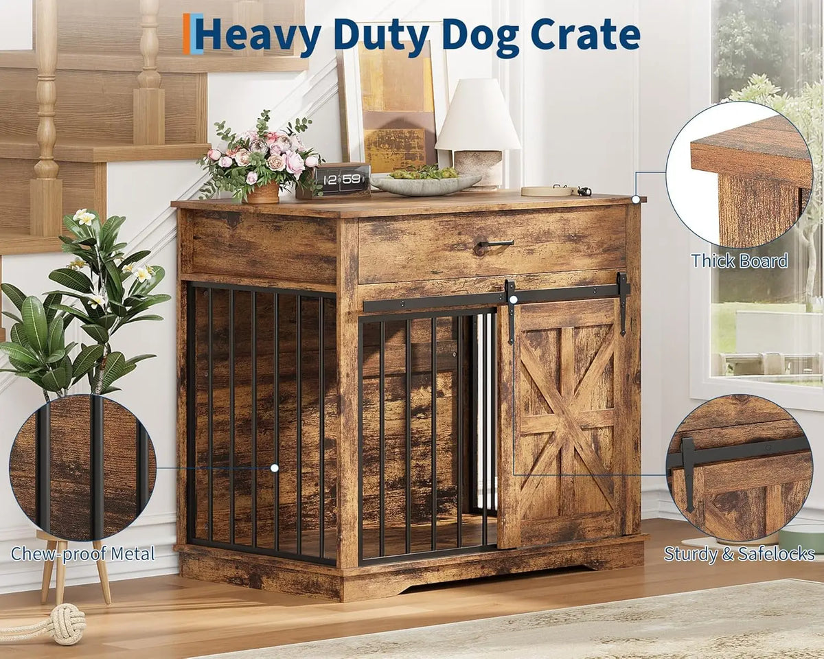 HiMiss Decorative Dog Crate End Table With Barn Door Furniture