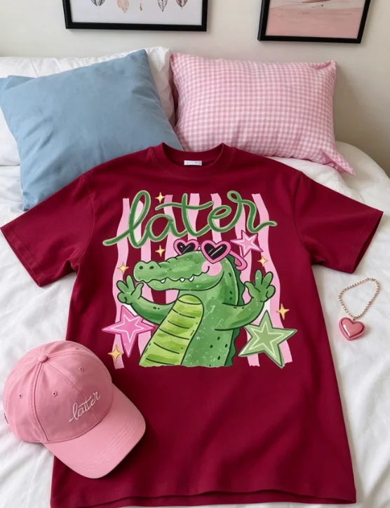 Women's Vintage Cotton Crocodile Print Graphic T-Shirt