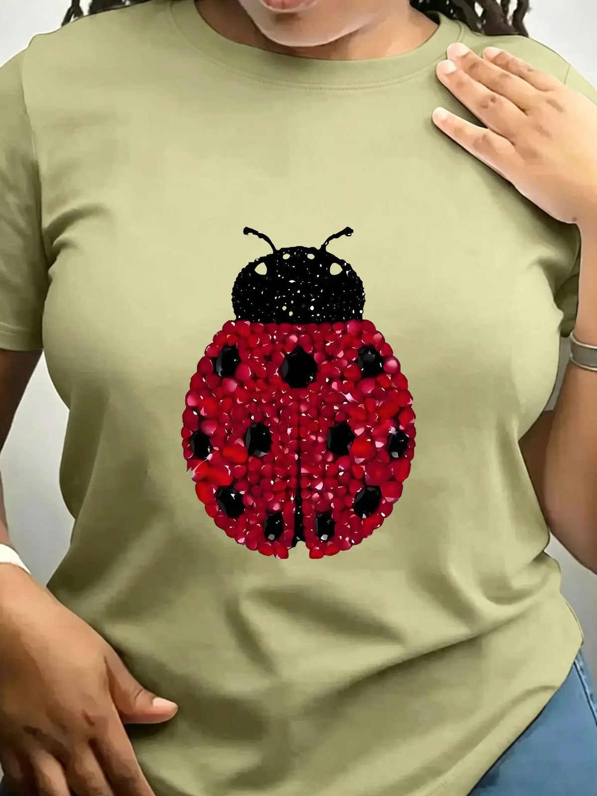 Women Cotton Crew Neck T Shirt Ladybug Rhinestone Print Top