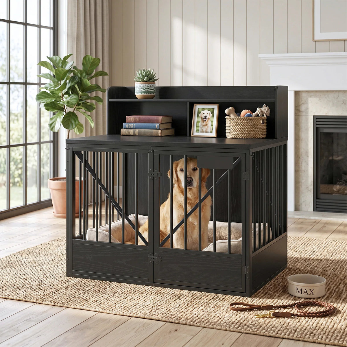 Multifunctional Wooden Pet Crate With Dual Storage Compartments