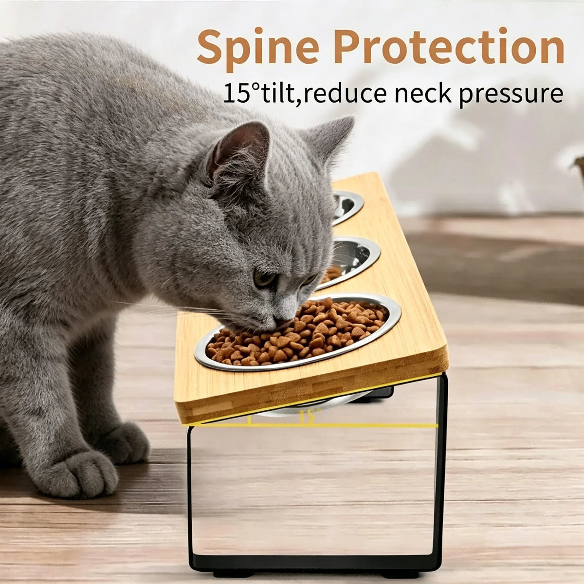 Elevated Cat Feeder With Stainless Steel Bowls And Bamboo Stand