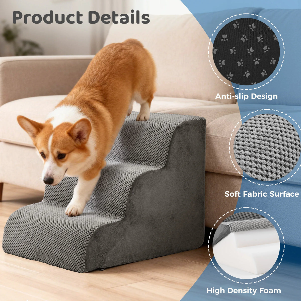 Curved Foam Dog Stairs Ramp Non Slip Indoor Pet Ladder
