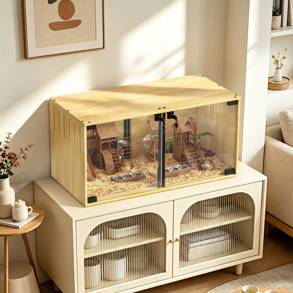 Wooden Pet Cage With Tempered Glass Panels And Divider