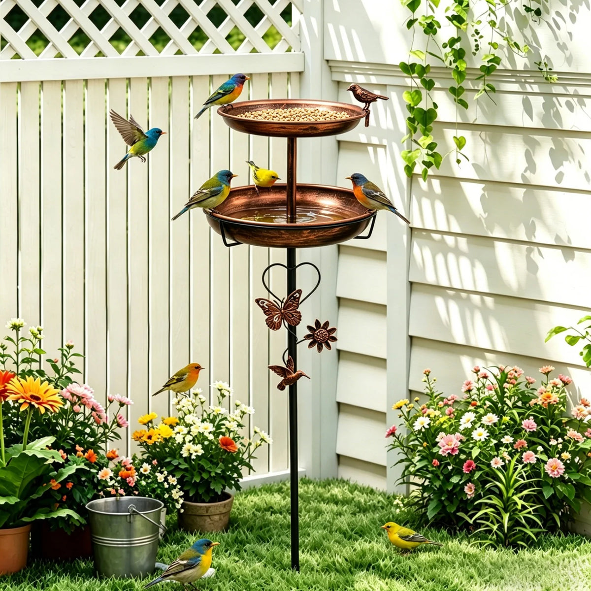Two Tier Copper Metal Bird Bath For Garden Yard Decor