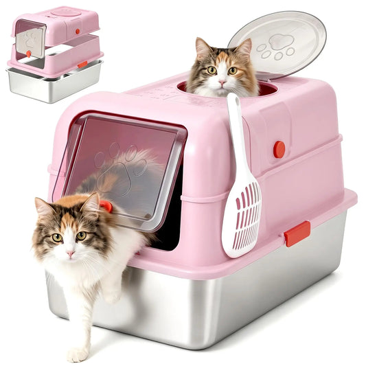 Studyset Stainless Steel Enclosed Cat Litter Box With Lid Scoop