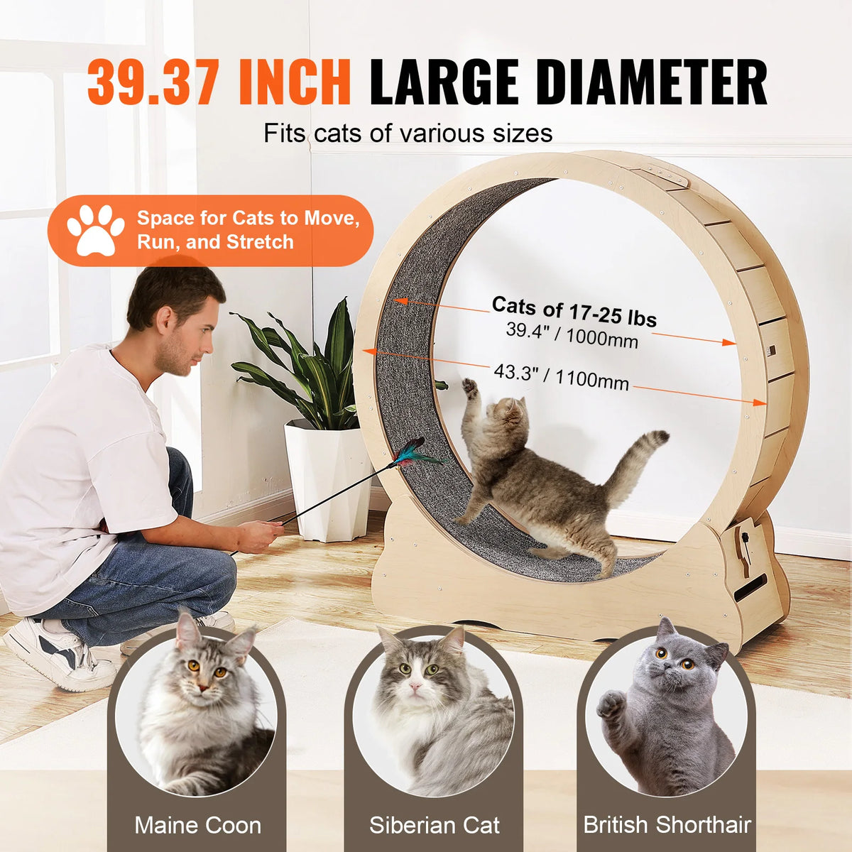 Wooden Cat Exercise Wheel With Carpet And Interactive Teaser