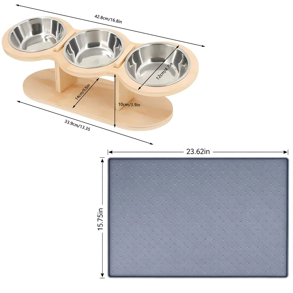 Elevated Wooden Cat Feeder With Three Stainless Steel Pet Bowls