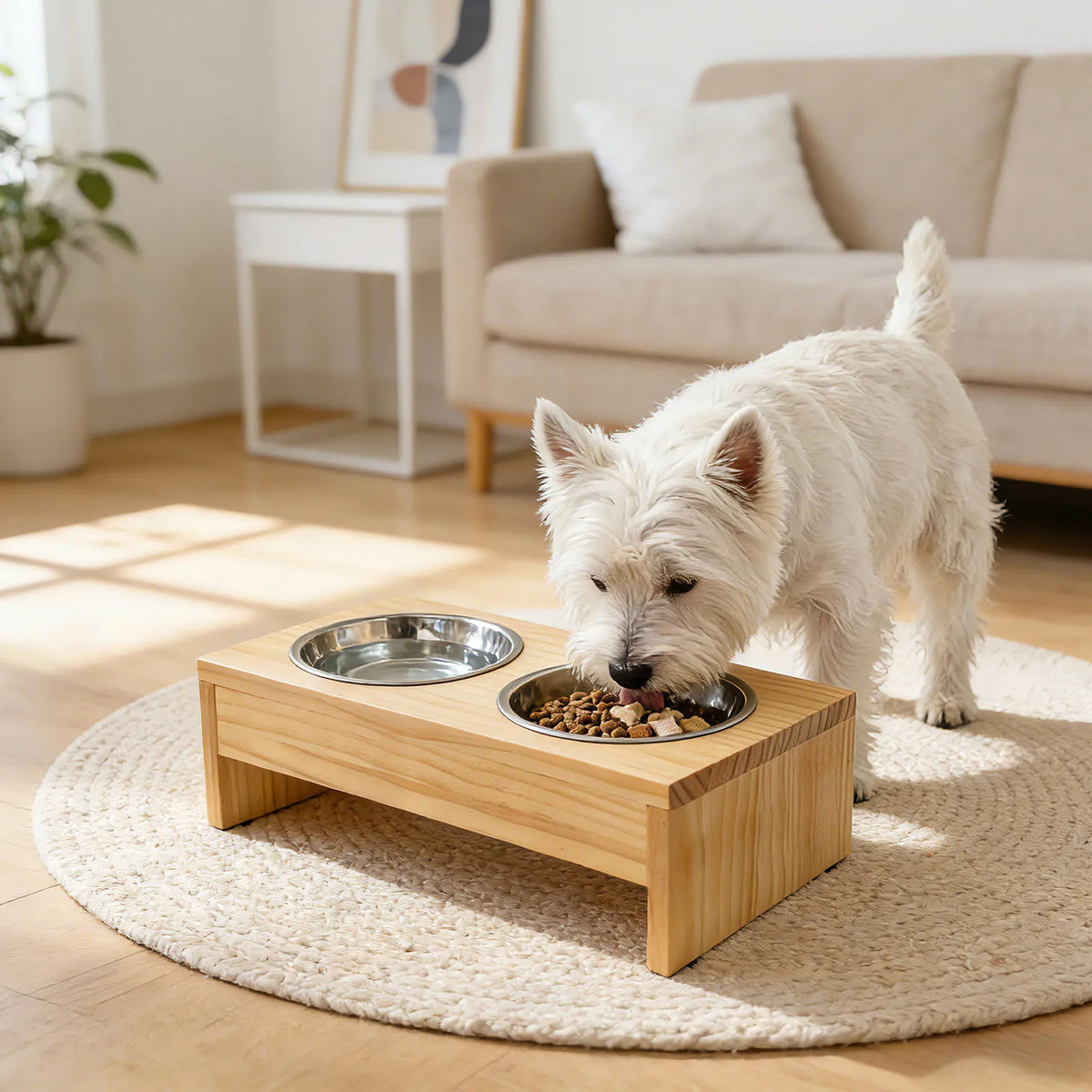 Wooden Raised Dog Bowls With Stainless Steel Double Pet Feeders